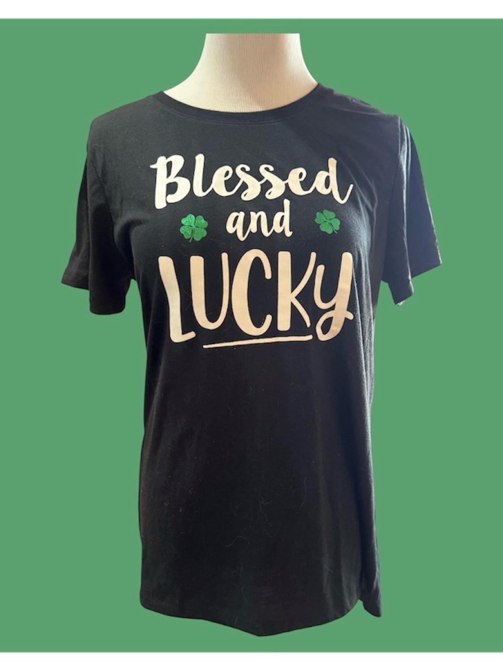 Blessed and Lucky Black and Green Shamrock T‑Shirt Size Med